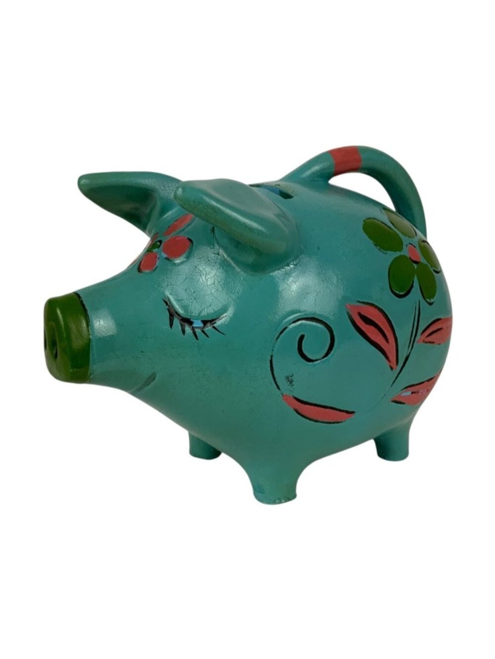 Vintage 70s Hand-Painted Blue Piggy Bank Ceramic Floral Design World Gift Japan